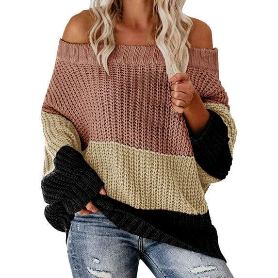 Duoif Sweaters for Women Trendy Women's Long Sleeve Neck Loose Panel Color Knit Pullover Sweater Women's Sweaters Womens Tops Black XL