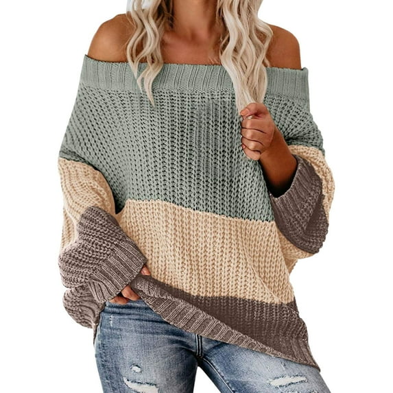 Duoif Sweaters for Women Trendy Women's Long Sleeve Neck Loose Panel Color Knit Pullover Sweater Women's Sweaters Womens Tops Grey L