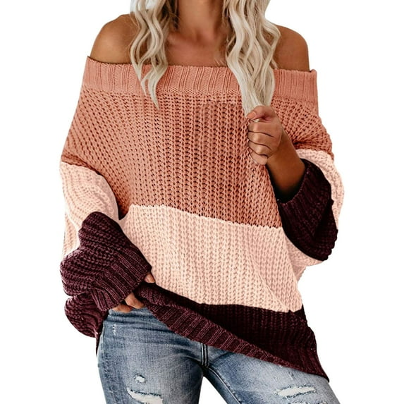 Duoif Sweaters for Women Trendy Women's Long Sleeve Neck Loose Panel Color Knit Pullover Sweater Women's Sweaters Womens Tops Pink S