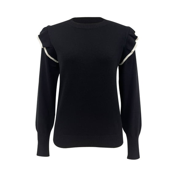 Duoif Sweaters for Women Trendy Women's Ruffled Sweater Loose Solid Color Crewneck Pullover Fashion Sweater Women's Sweaters Womens Tops Black M