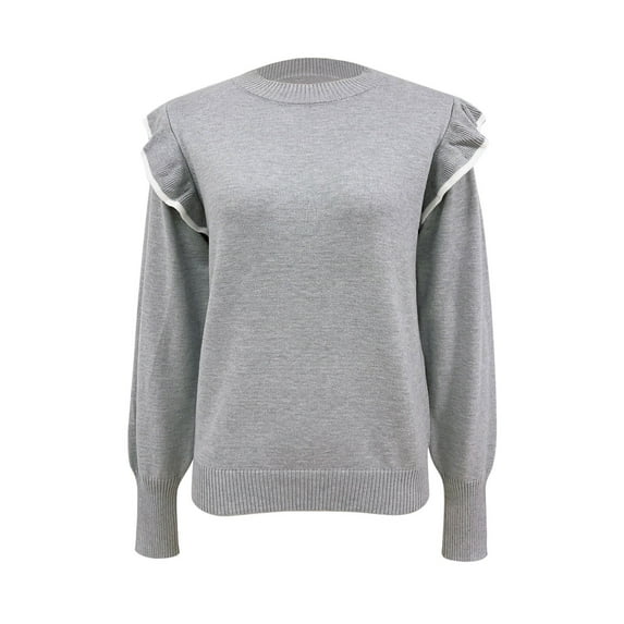 Duoif Sweaters for Women Trendy Women's Ruffled Sweater Loose Solid Color Crewneck Pullover Fashion Sweater Women's Sweaters Womens Tops Grey L