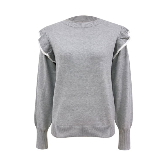 Duoif Sweaters for Women Trendy Women's Ruffled Sweater Loose Solid Color Crewneck Pullover Fashion Sweater Women's Sweaters Womens Tops Grey S