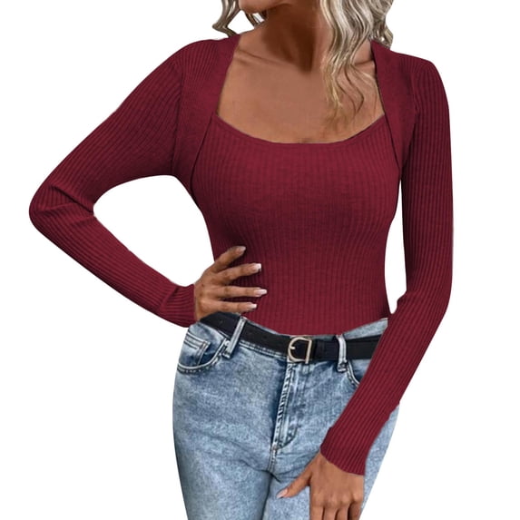 Duoif Sweaters for Women Trendy Women's Sexy Slim Solid Color Square Neck Knitting Sweater in Autumn and Winter Women's Sweaters Womens Tops A M