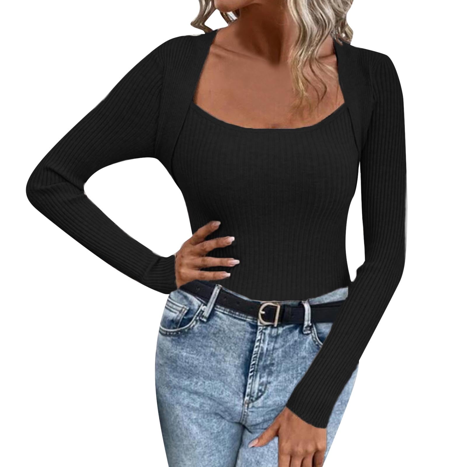 Duoif Sweaters for Women Trendy Women's Sexy Slim Solid Color Square ...