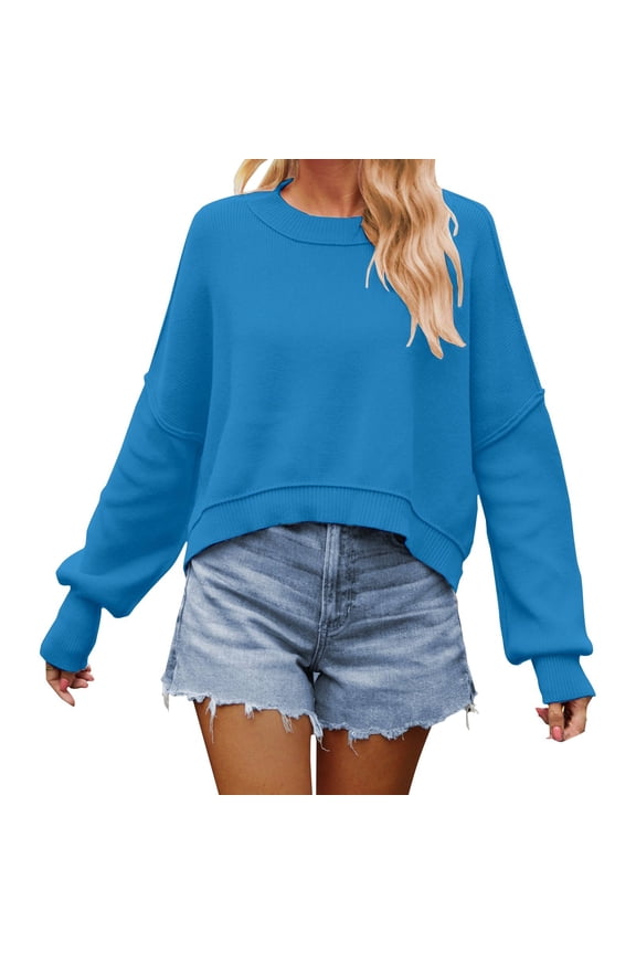 Sweaters for Women Trendy Women's Solid Color Fashion Casual Round Neck Knitted Loose Pullover Sweater Women's Sweaters Womens Tops Blue S