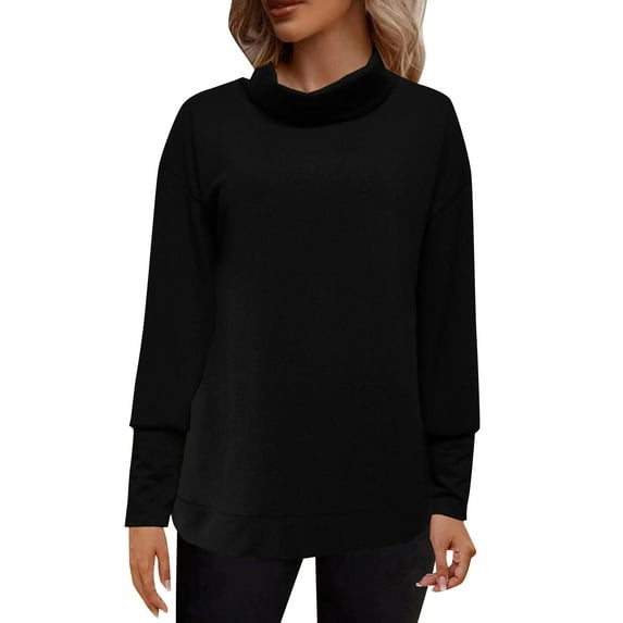 Duoif Sweaters for Women Trendy Women's Solid Color Stylish Casual Turtleneck Sweater with Sleeved Drop Knit Women's Sweaters Womens Tops Black L