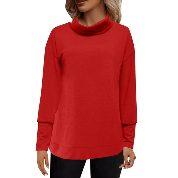 Duoif Sweaters for Women Trendy Women's Solid Color Stylish Casual Turtleneck Sweater with Sleeved Drop Knit Women's Sweaters Womens Tops Red S