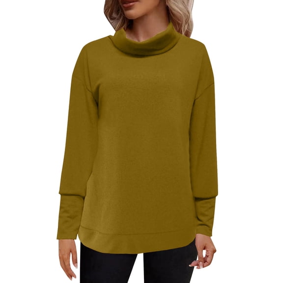 Duoif Sweaters for Women Trendy Women's Solid Color Stylish Casual Turtleneck Sweater with Sleeved Drop Knit Women's Sweaters Womens Tops Yellow XL