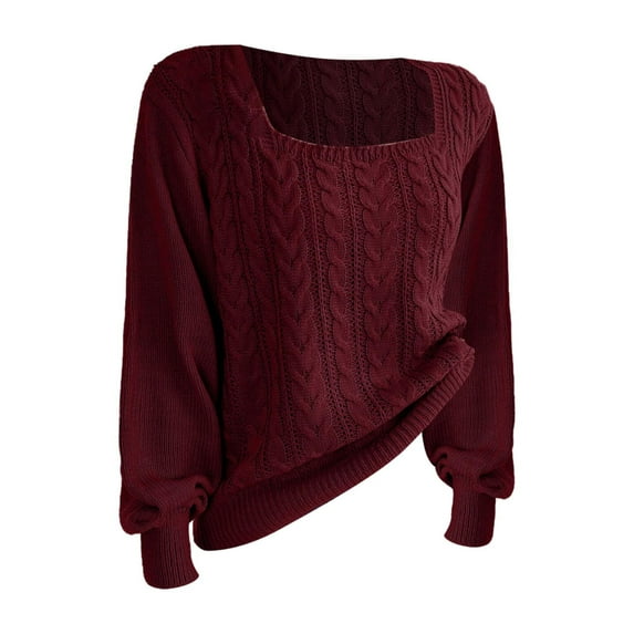 Duoif Sweaters for Women Trendy Women's Square Neck Solid Color Sleeve Pullover Sweater Fashionable Casual Top Women's Sweaters Red M
