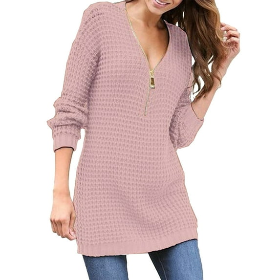 Duoif Sweaters for Women Trendy Women's Sweater V Neck Zipper Solid Color Long Sleeved Sweater Women's Sweaters Womens Tops Pink S