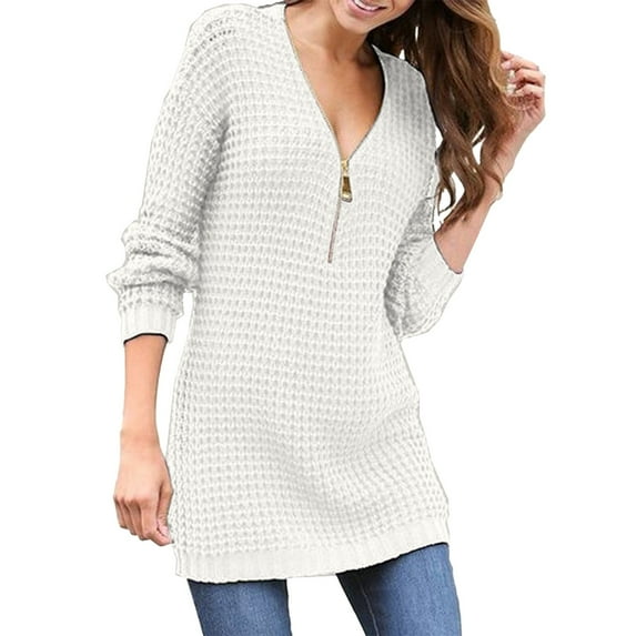 Duoif Sweaters for Women Trendy Women's Sweater V Neck Zipper Solid Color Long Sleeved Sweater Women's Sweaters Womens Tops White XL