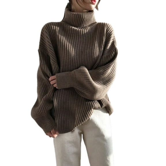 Duoif Sweaters for Women Trendy Women's Turtleneck Fall/Winter Fashion Loose Fitting Pullover Sweater Women's Sweaters Womens Tops Coffee