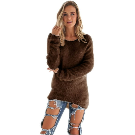 Duoif Sweaters for Women Trendy Womens Casual Solid Long Sleeve Jumper Sweaters Blouse Women's Sweaters Womens Tops Coffee L