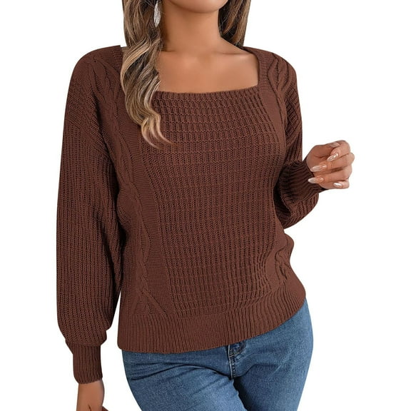 Duoif Sweaters for Women Trendy Womens Knit Square Neck Long Sleeve Casual Loose Pullover Sweater Top Women's Sweaters Womens Tops Coffee L