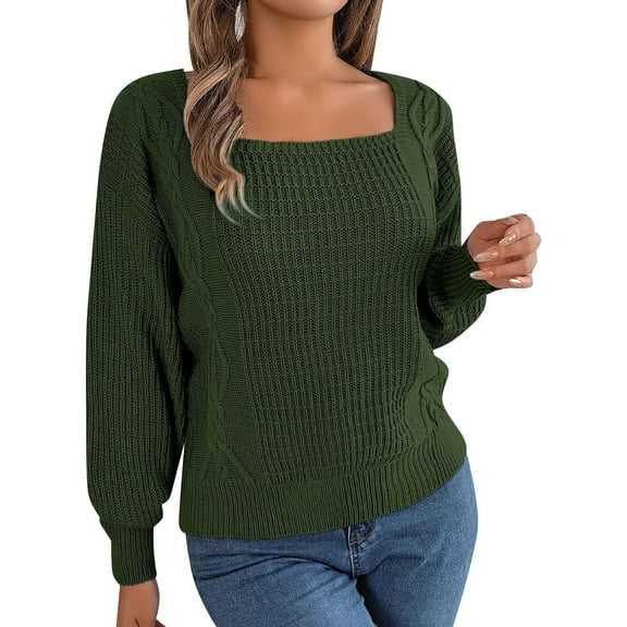 Duoif Sweaters for Women Trendy Womens Knit Square Neck Long Sleeve Casual Loose Pullover Sweater Top Women's Sweaters Womens Tops Green S