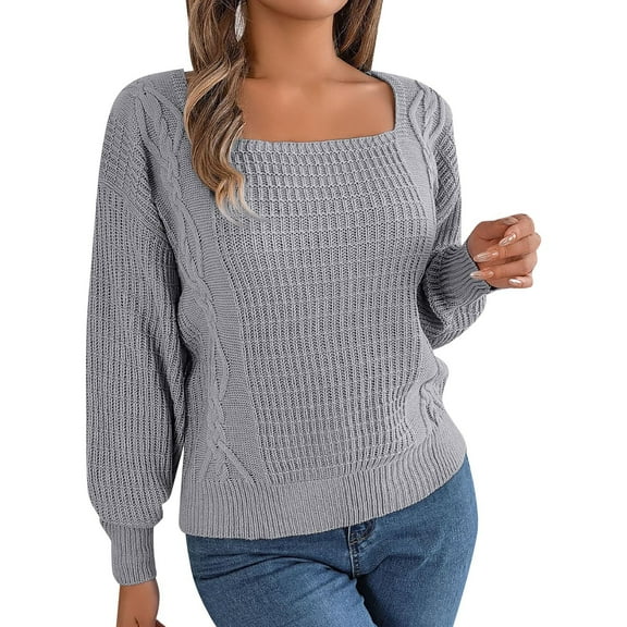Duoif Sweaters for Women Trendy Womens Knit Square Neck Long Sleeve Casual Loose Pullover Sweater Top Women's Sweaters Womens Tops Grey L