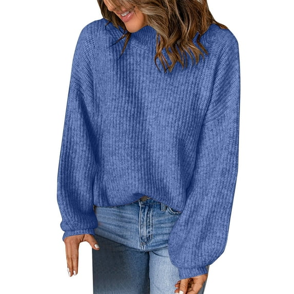 Duoif Sweaters for Women Trendy Womens Top Turtleneck Solid Color Loose Pullover Sweater Women's Sweaters Womens Tops Blue M