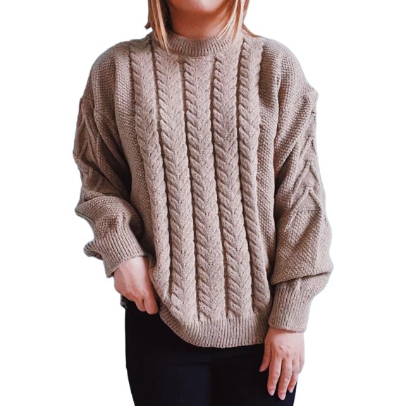 Duoif Sweaters for Women, Women's Autumn and Winter Loose Round Neck Long Sleeve Solid Knit Pullover Sweater Womens Sweaters Khaki L