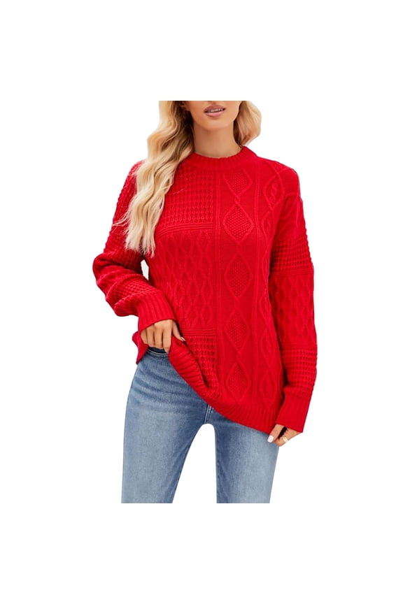 Sweaters for Women, Women's Fashion Casual Solid Color Round Neck Autumn and Winter New Loose Pullover Sweater Womens Sweaters Red M