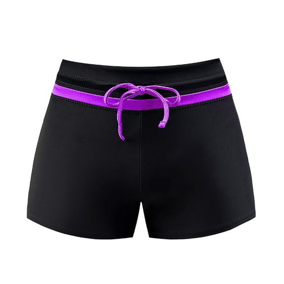 Duoif Swim Shorts Women, Women's Summer Casual Loose Solid Shorts Colorful Contrast Tie up Beachwear Competitive Swimwear#Square Cut Swimsuit Bottoms for Women Purple XXL