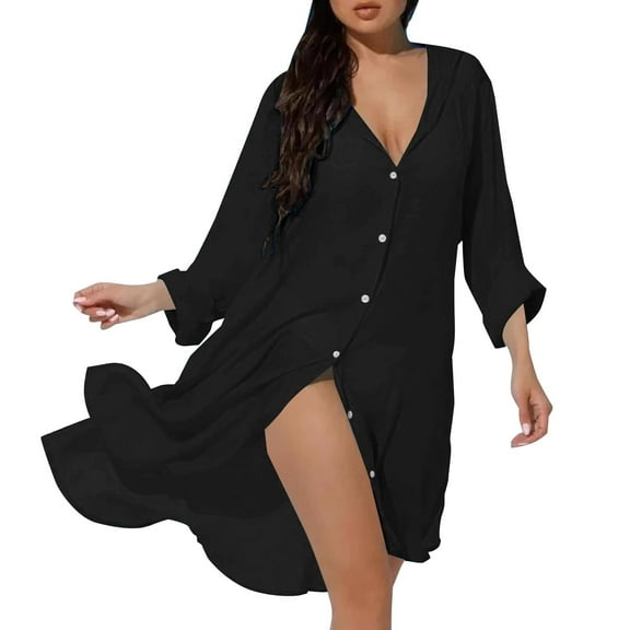 Duoif Swimsuit Coverup for Women, Women's Concealer Beach Long Sleeve Bikini Cardigan Blouse Sports Hoodie Shirt Bikini Cover up Black A