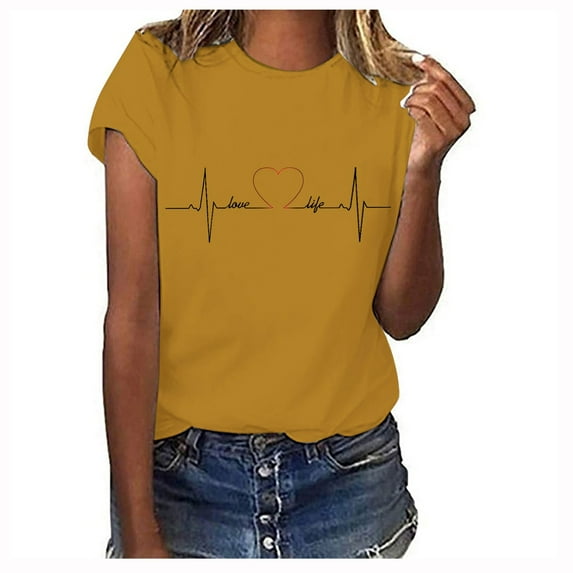 Duoif T Shirts for Women Ladies Spring Summer Solid Color Printed Casual Comfortable Women's Tops Short Sleeve Tops Spring Tops for Women Gold L