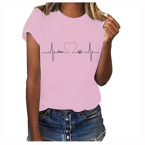 Duoif T Shirts for Women Ladies Spring Summer Solid Color Printed Casual Comfortable Women's Tops Short Sleeve Tops Spring Tops for Women Pink XL