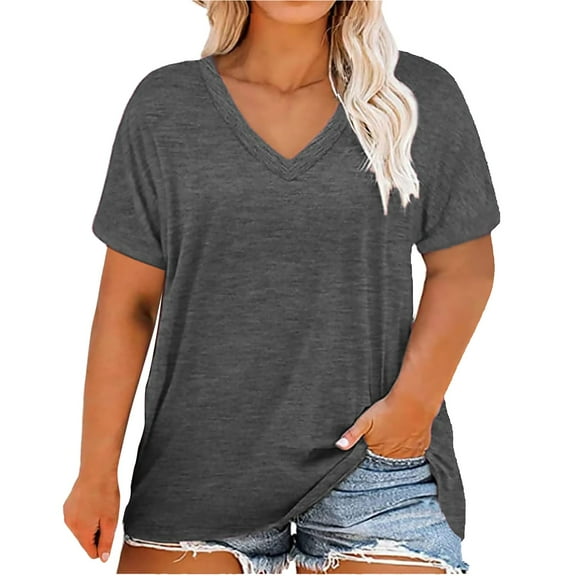 Duoif T Shirts for Women, Women's Fashion Solid Color Short Sleeved V Neck Tops Womens Tops F XXXL