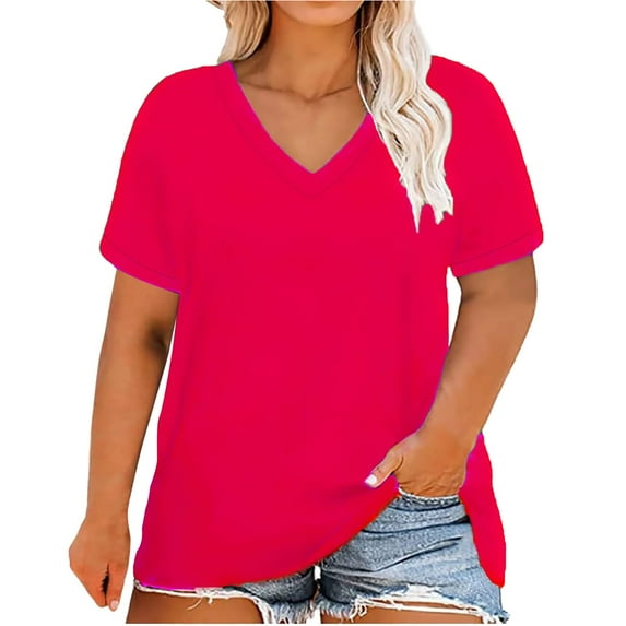 Duoif T Shirts for Women, Women's Fashion Solid Color Short Sleeved V Neck Tops Womens Tops H XXL