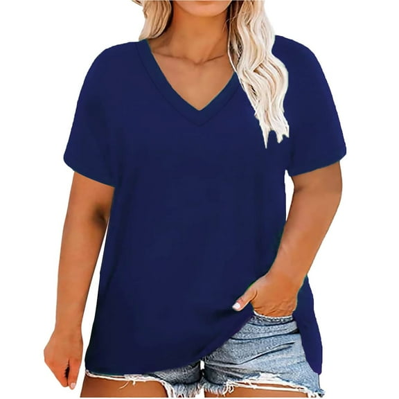 Duoif T Shirts for Women, Women's Fashion Solid Color Short Sleeved V Neck Tops Womens Tops I XXXXL