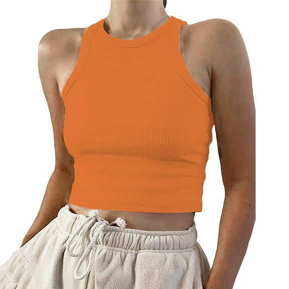 Duoif Tank Top for Women, Women's Cropped Tank Tops Ribbed Sleeveless Crew Neck Blouses Summer Casual Basic Tops Womens Tank Tops Womens Tops Orange S