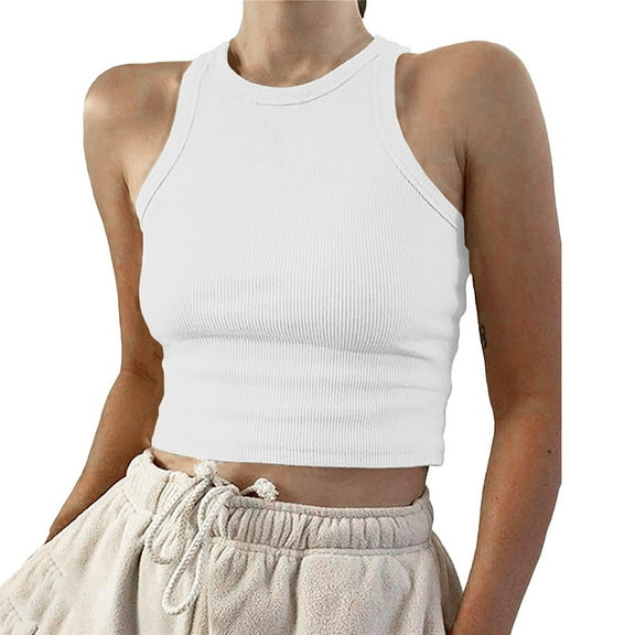Duoif Tank Top for Women, Women's Cropped Tank Tops Ribbed Sleeveless Crew Neck Blouses Summer Casual Basic Tops Womens Tank Tops Womens Tops White XXL