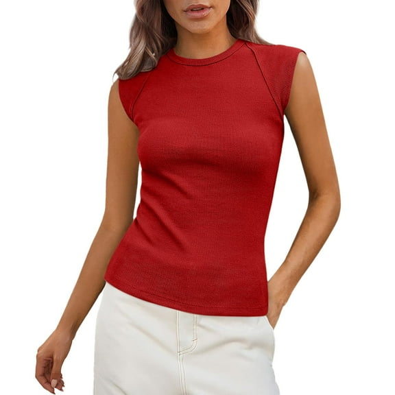 Duoif Tank Top for Women Ladies Fashion Solid Color Sleeveless Crew Neck Slim Ribbed Sexy Tank Top Top Womens Tank Tops Womens Tops Red L