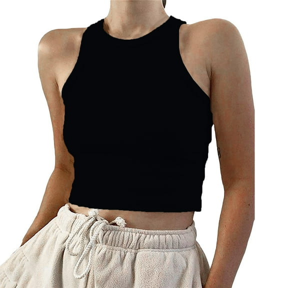 Duoif Tank Top for Women, Women's Cropped Tank Tops Ribbed Sleeveless Crew Neck Blouses Summer Casual Basic Tops Womens Tank Tops Womens Tops Black L