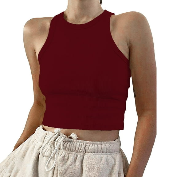 Duoif Tank Top for Women, Women's Cropped Tank Tops Ribbed Sleeveless Crew Neck Blouses Summer Casual Basic Tops Womens Tank Tops Womens Tops Red XL