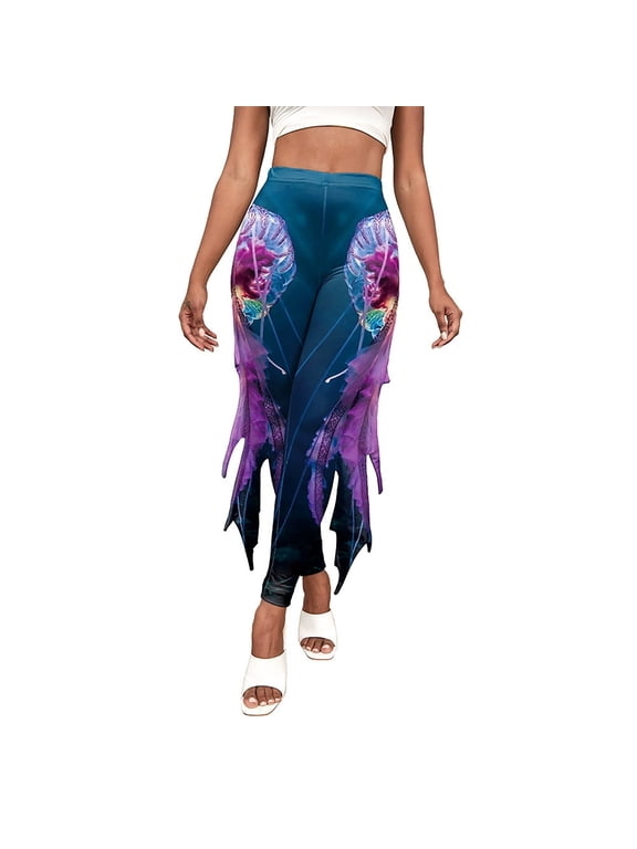 Underwater World Costume Women's Leggings Shiny Trousers Pants with Tulle Fish Scale Print Flared Trousers Dress Costume Dress Womens Bottoms Blue XL