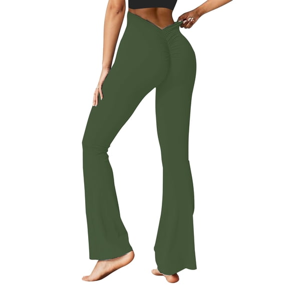 Duoif V Back Scrunch Butt Flare Leggings for Women Waist Cut Shaped Ruched Bell Bottom Wide Leg Yoga Pants Womens Bottoms Green XL
