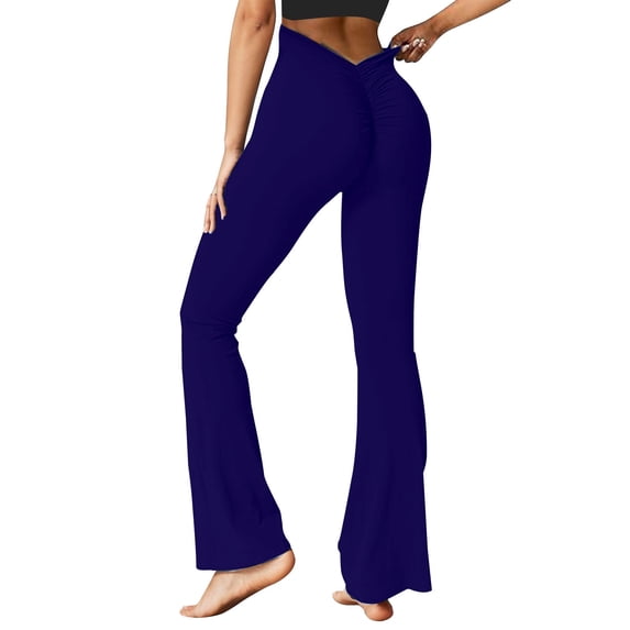 Duoif V Back Scrunch Butt Flare Leggings for Women Waist Cut Shaped Ruched Bell Bottom Wide Leg Yoga Pants Womens Bottoms Navy L