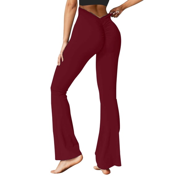 Duoif V Back Scrunch Butt Flare Leggings for Women Waist Cut Shaped Ruched Bell Bottom Wide Leg Yoga Pants Womens Bottoms Wine M