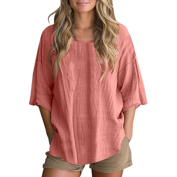 Duoif Vacation Outfits Women's 2025 Summer Solid Color Casual Slit Cotton and Linen Top Blouse New Popular Short Sleeved T Shirts for Women Watermelon Red XXL