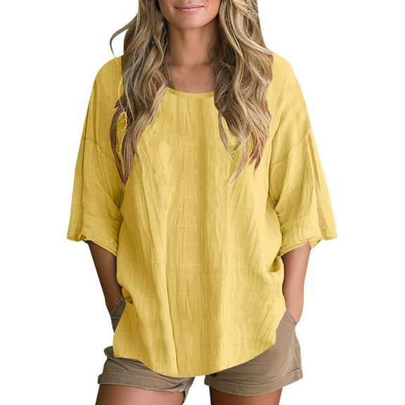 Duoif Vacation Outfits Women's 2025 Summer Solid Color Casual Slit Cotton and Linen Top Blouse New Popular Short Sleeved T Shirts for Women Yellow XXL
