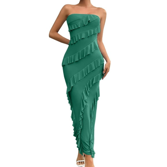 Duoif Wedding Guest Dresses for Women Fashionable Lace Wrapped Buttocks Solid Color Slim Fit Strapless Dress Womens Dresses Green L