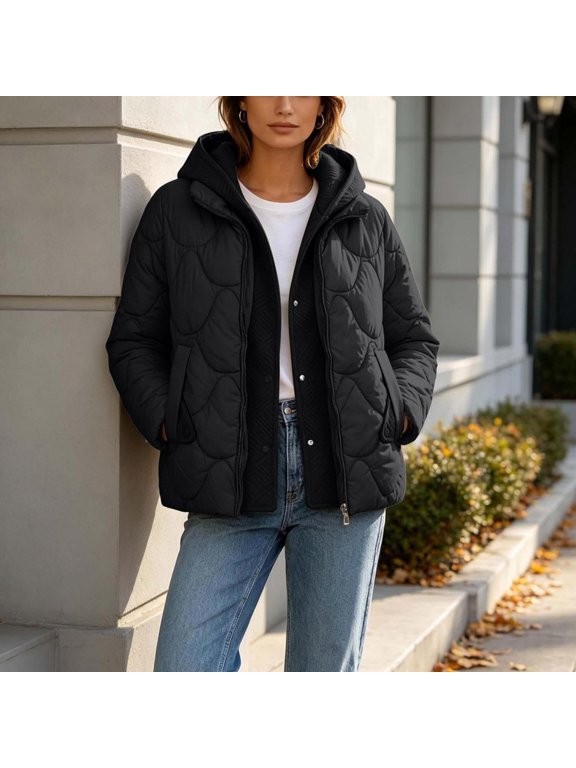 Winter Coats for Women Quilted Ladies Jacket Padded Hooded Zip up Coat Lightweight Warm Outerwear with Pockets Casual Ladies Clothing Winter Fashion Jacket Daily Wear, Black, M