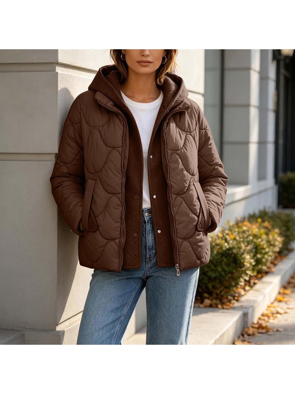 Winter Coats for Women Uk Quilted Ladies Jacket Padded Hooded Zip up Coat Lightweight Warm Outerwear with Pockets Casual Ladies Clothing Winter Fashion Jacket Daily Wear, Coffee, L