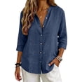 thumbnail image 1 of Duoif Women V Neck Button 3/4 Sleeve Linen Blouse Loose Fit Solid Color Summer Top 2026 Breathable Oversized Easy Care Versatile, Navy, M, 1 of 7