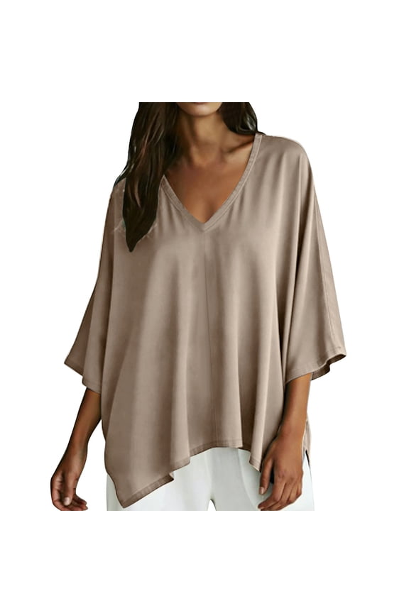 Women's Casual V Neck Batwing Long Sleeve Blouse Shirt Batwing Off Shoulder Top for Women Versatile V Neck Slit Long Sleeve Top Coffee XL