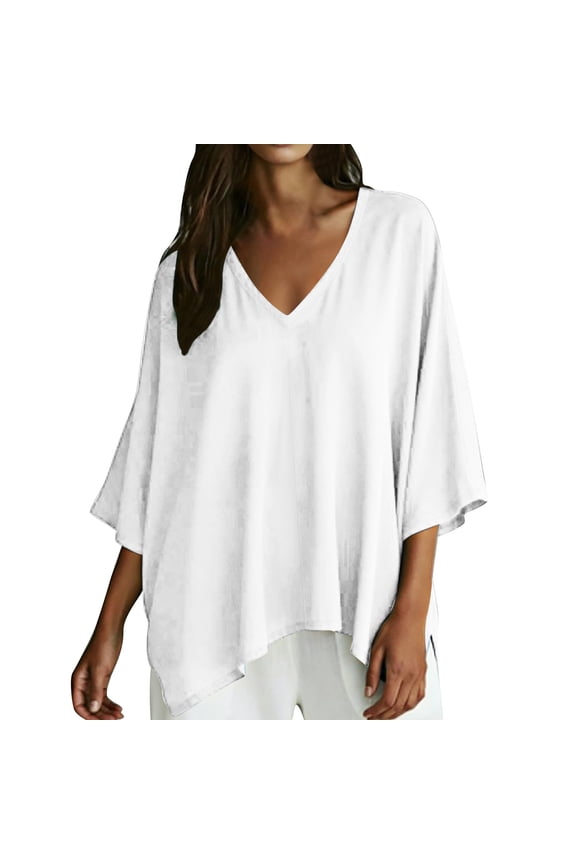 Women's Casual V Neck Batwing Long Sleeve Blouse Shirt Batwing Off Shoulder Top for Women Versatile V Neck Slit Long Sleeve Top White S