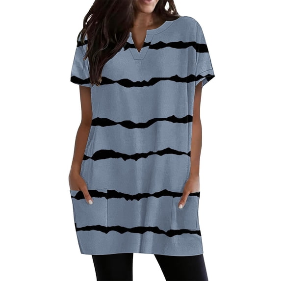 Duoif Women's Casual V Neck Short Sleeve Dress Loose Fit T Shirt Dress with Pockets Navy XXL
