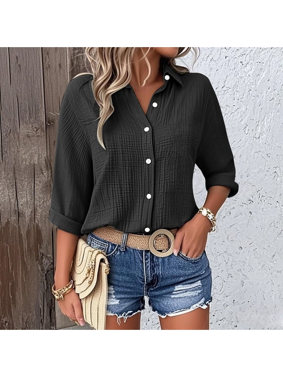 Women's Cotton Linen Button up Shirt with Rolled Three Quarter Sleeves Summer Casual V Neck Blouse Loose Fit Top for Women Daily, Black, Xl