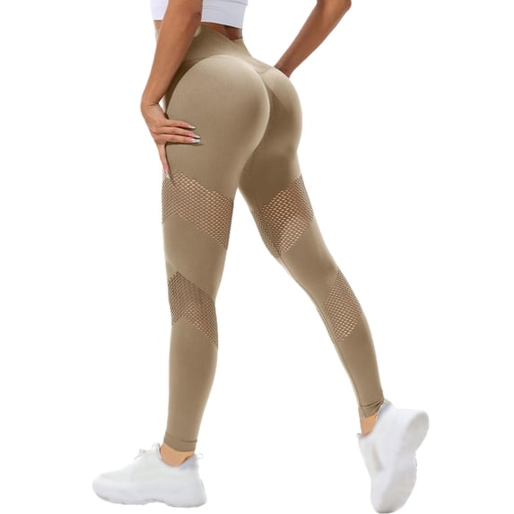 Duoif Women's Hollowed Out High Waisted Yoga Pants for Running and Fitness Womens Bottoms Khaki M